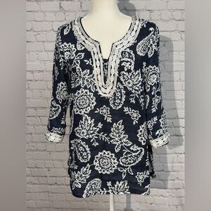 Charter Club Navy and White Paisley Tunic